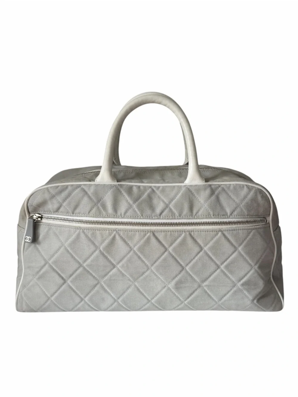 Chanel Sports Line Quilted Logo Bowler Bag Grey Canvas White Leather Trim